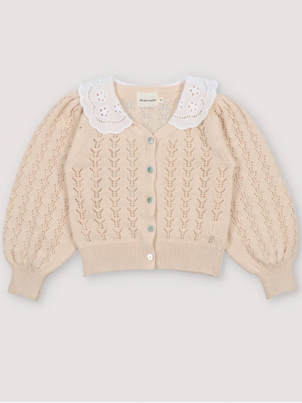 THE NEW SOCIETY Eyelet Collar Knit Cardigan in Soft Beige
